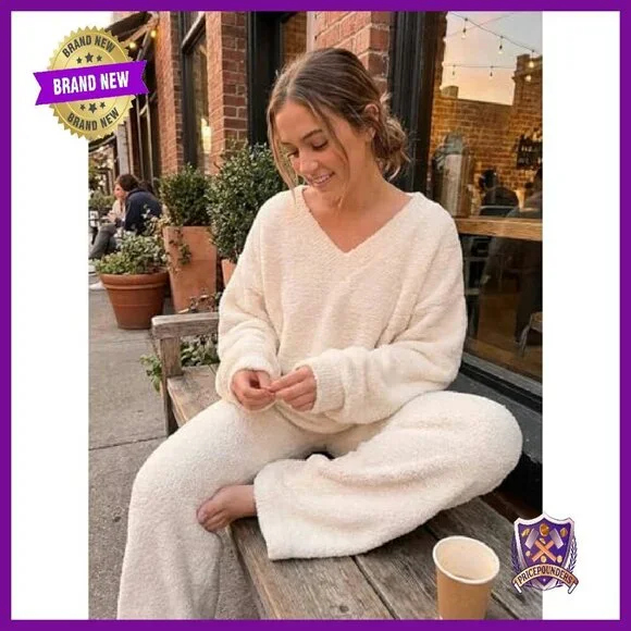 Fuzzy Fleece Loungewear Set V-Neck Sweater Wide Leg Pants Winter - Picture 6 of 8